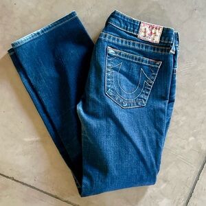 True Religion Johnny Straight Jeans Women Size 31 Blue Embroidery Logo